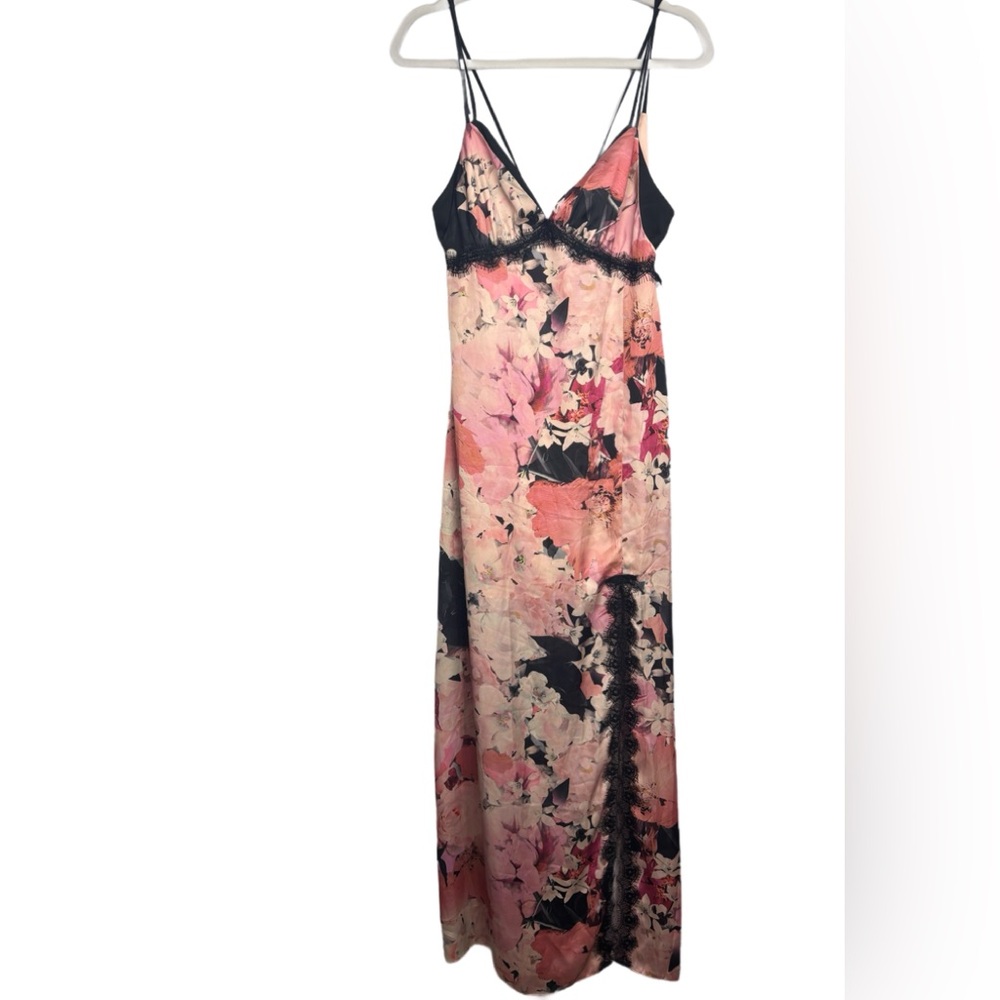 Bebe Vintage Satiny Floral Lace Trim Maxi Dress, Sz 6